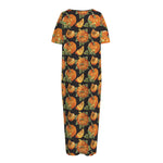 Vintage Pumpkin Pattern Print Short Sleeve Long Nightdress