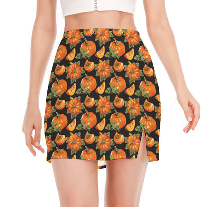 Vintage Pumpkin Pattern Print Side Slit Mini Skirt