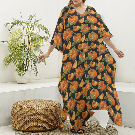 Vintage Pumpkin Pattern Print Silk V-Neck Kaftan Dress