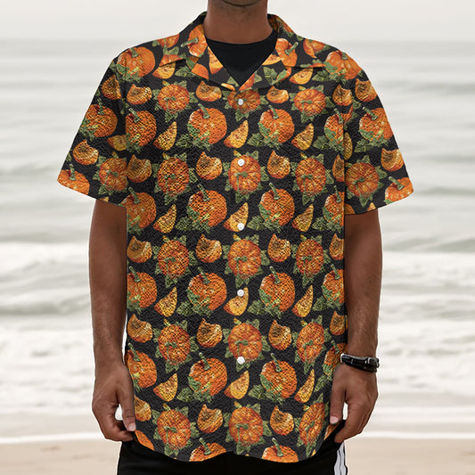 Vintage Pumpkin Pattern Print Textured Short Sleeve Shirt