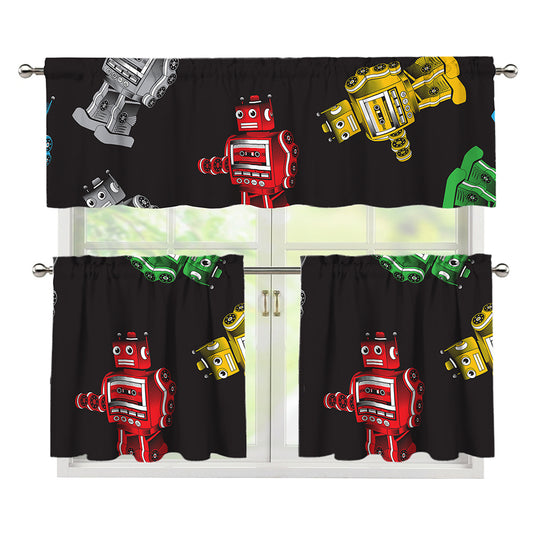 Vintage Robot Pattern Print 3 Piece Kitchen Curtains