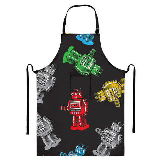 Vintage Robot Pattern Print Bib Apron With Pocket