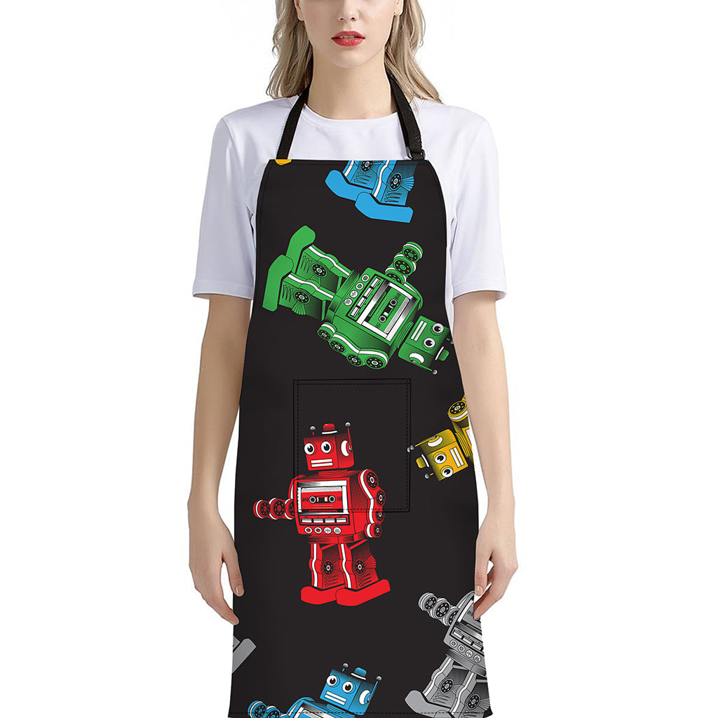 Vintage Robot Pattern Print Bib Apron With Pocket