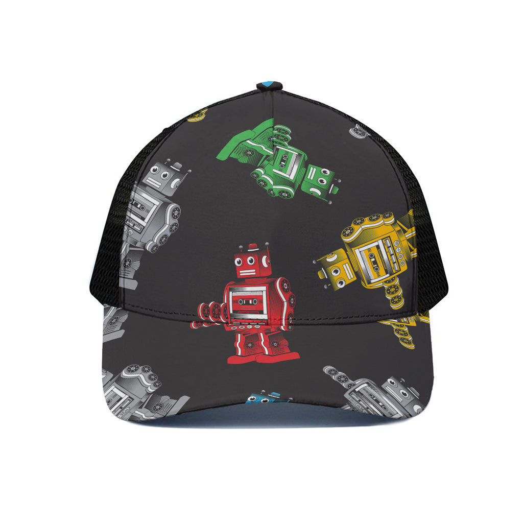 Vintage Robot Pattern Print Black Mesh Trucker Cap