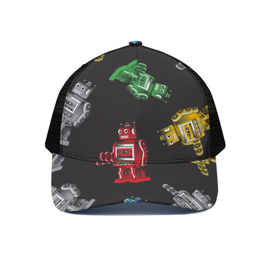 Vintage Robot Pattern Print Black Mesh Trucker Cap
