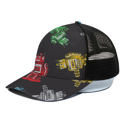 Vintage Robot Pattern Print Black Mesh Trucker Cap