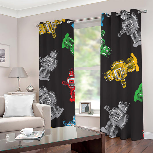 Vintage Robot Pattern Print Blackout Grommet Curtains