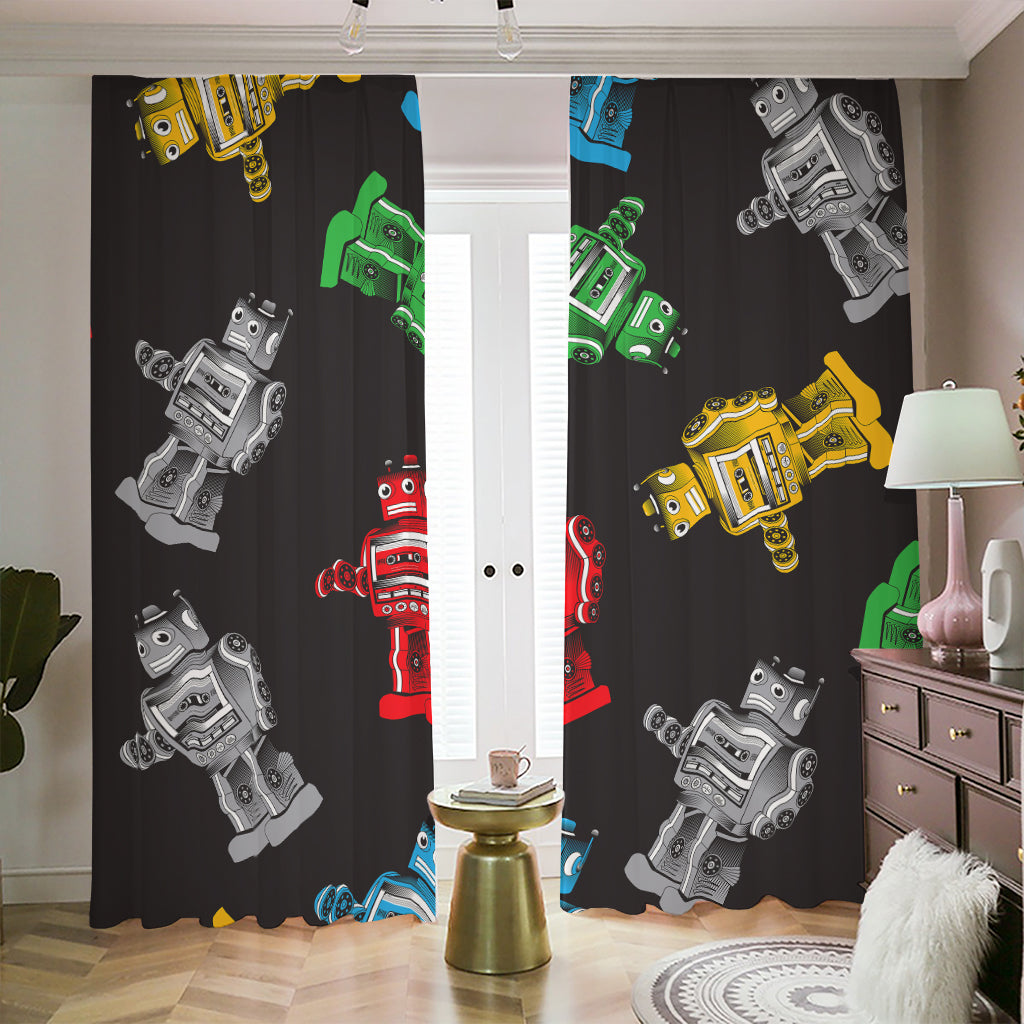 Vintage Robot Pattern Print Blackout Pencil Pleat Curtains