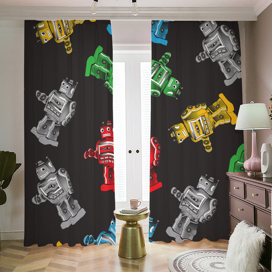Vintage Robot Pattern Print Blackout Pencil Pleat Curtains