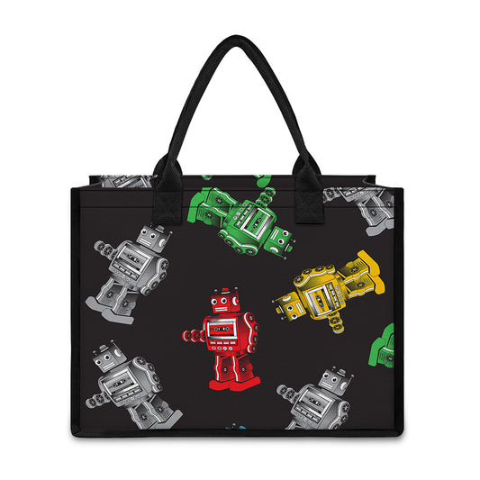 Vintage Robot Pattern Print Canvas Tote Bag