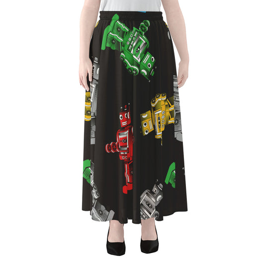 Vintage Robot Pattern Print Chiffon Maxi Skirt