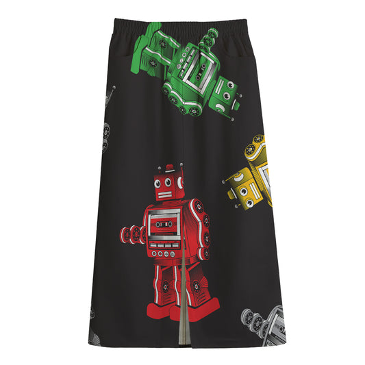 Vintage Robot Pattern Print Cotton Front Slit Maxi Skirt