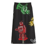 Vintage Robot Pattern Print Cotton Front Slit Maxi Skirt