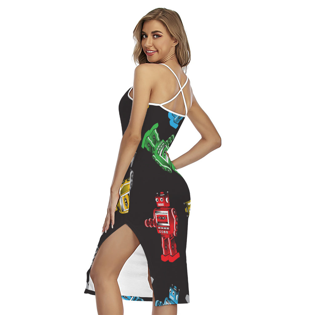 Vintage Robot Pattern Print Cross Back Cami Dress