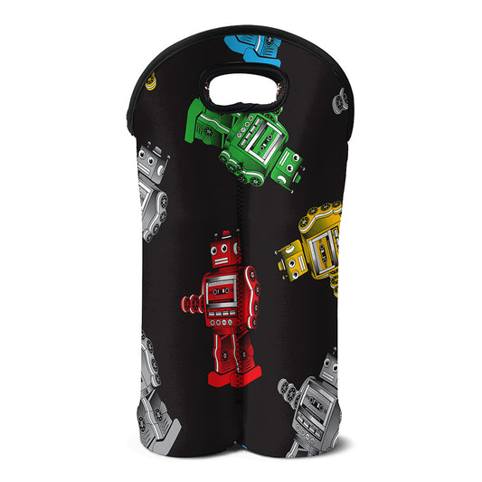 Vintage Robot Pattern Print Double Neoprene Wine Tote