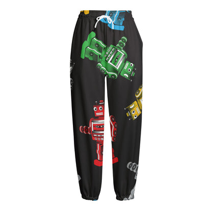 Vintage Robot Pattern Print Fleece Lined Knit Pants