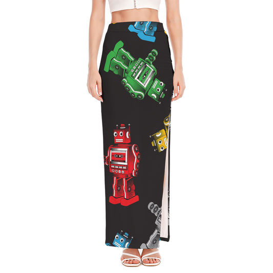Vintage Robot Pattern Print High Slit Maxi Skirt