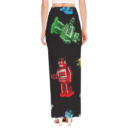 Vintage Robot Pattern Print High Slit Maxi Skirt