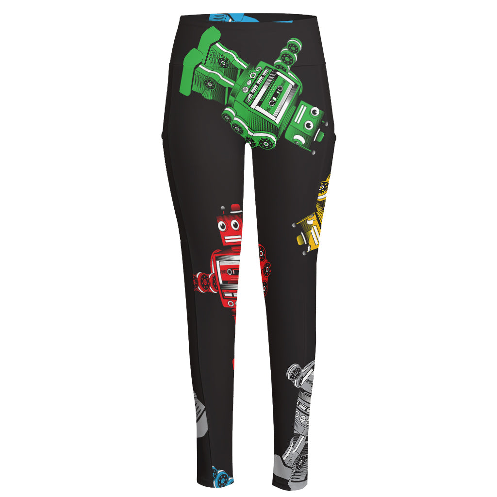Vintage Robot Pattern Print High-Waisted Pocket Leggings