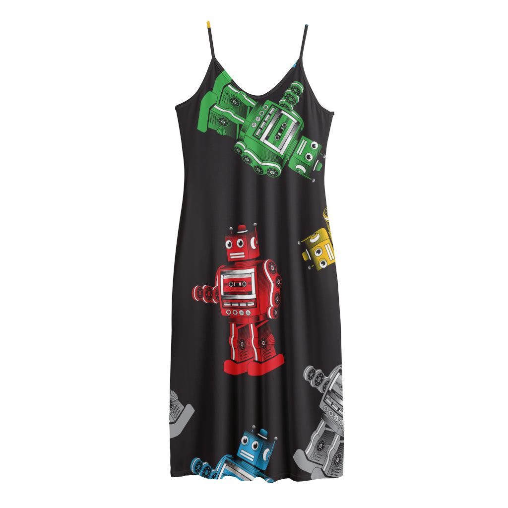 Vintage Robot Pattern Print Jersey Midi Cami Dress
