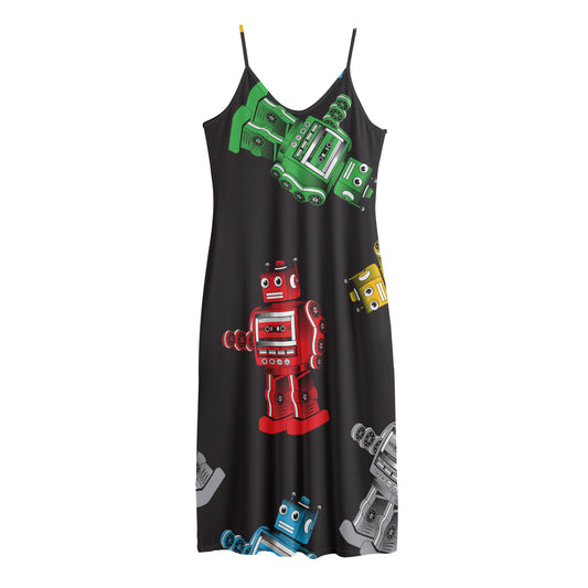 Vintage Robot Pattern Print Jersey Midi Cami Dress