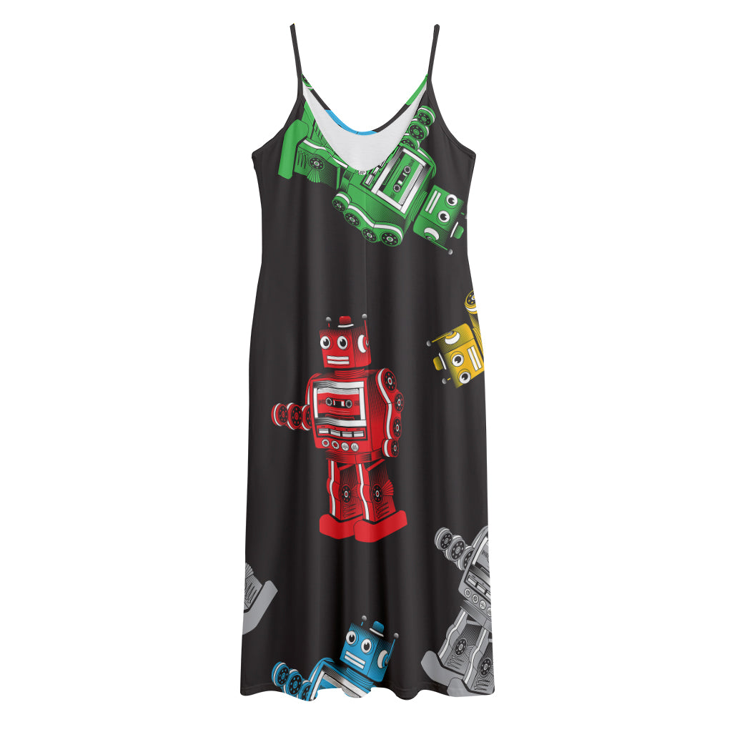 Vintage Robot Pattern Print Jersey Midi Cami Dress
