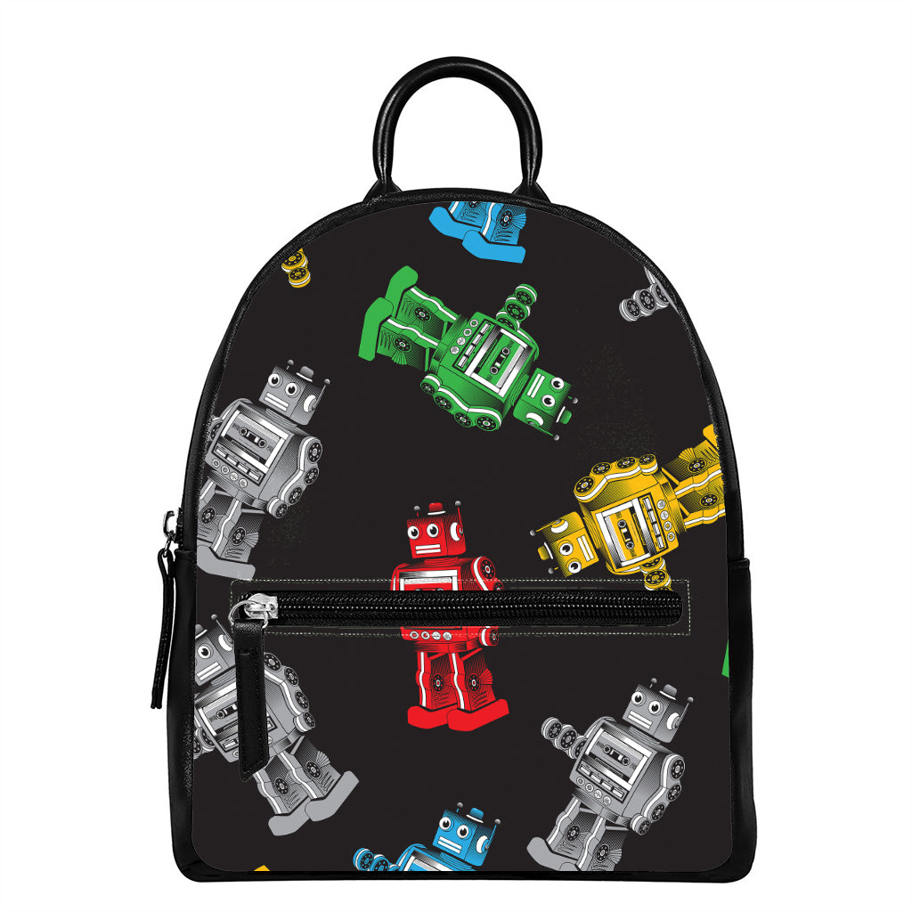 Vintage Robot Pattern Print Leather Backpack