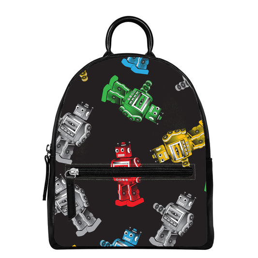 Vintage Robot Pattern Print Leather Backpack