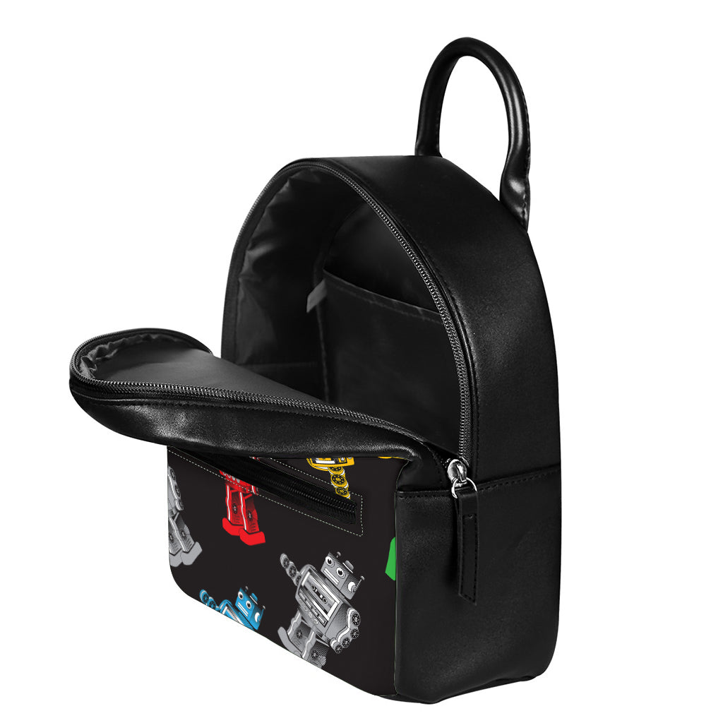 Vintage Robot Pattern Print Leather Backpack