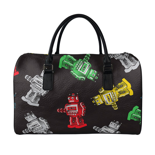 Vintage Robot Pattern Print Leather Duffle Bag