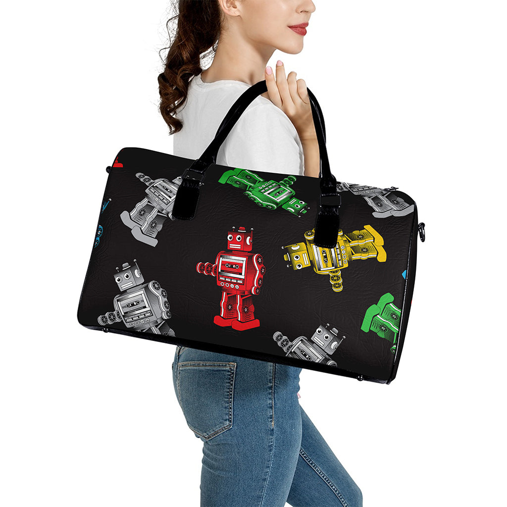 Vintage Robot Pattern Print Leather Duffle Bag