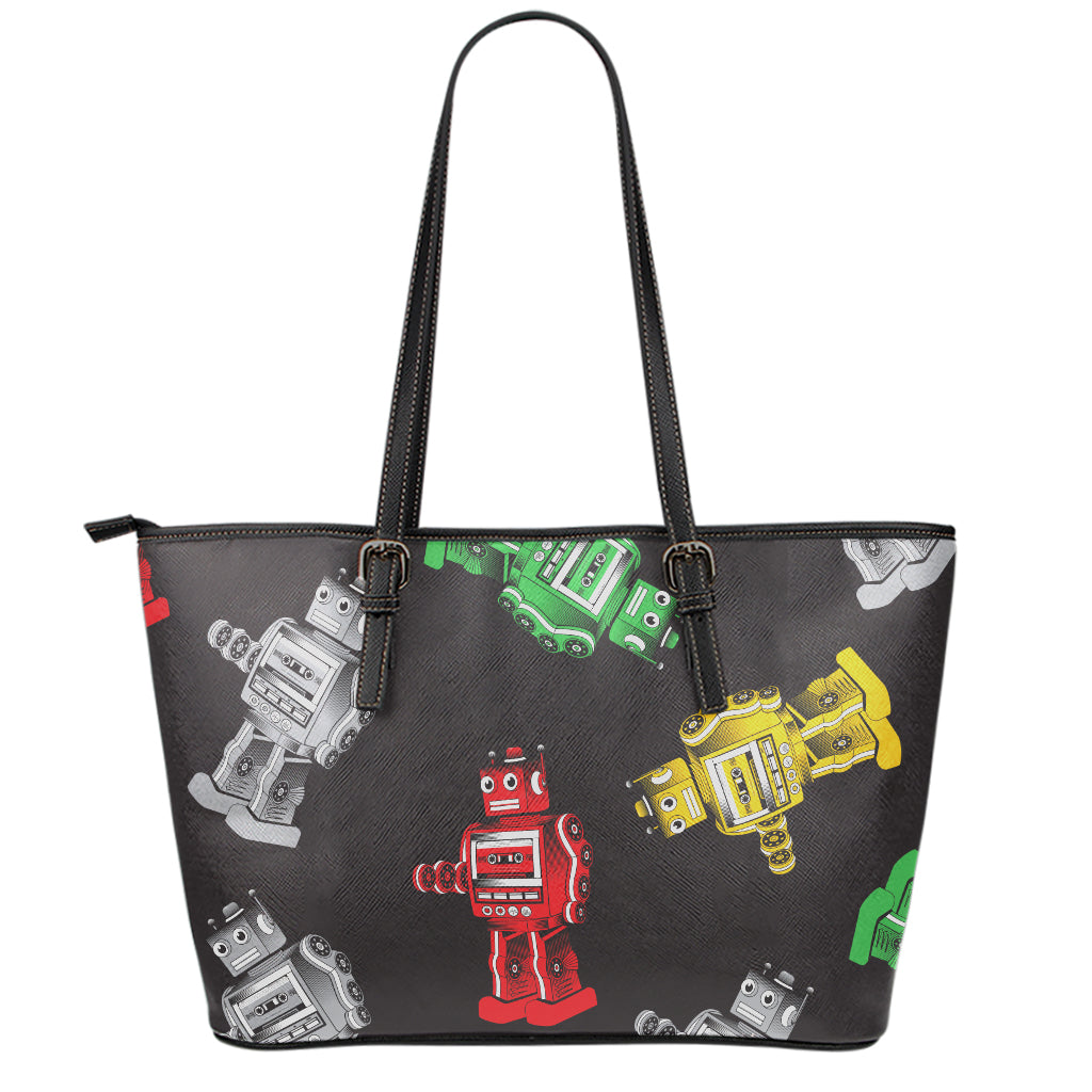 Vintage Robot Pattern Print Leather Tote Bag