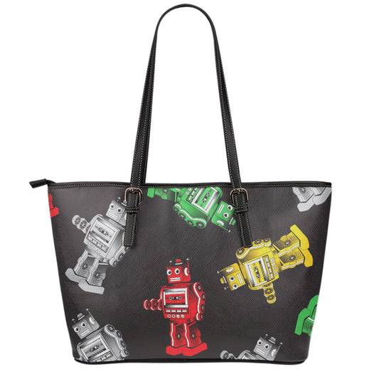 Vintage Robot Pattern Print Leather Tote Bag