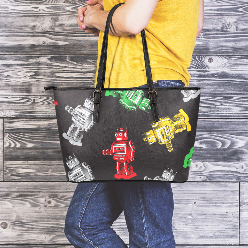 Vintage Robot Pattern Print Leather Tote Bag