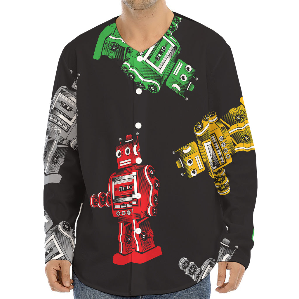 Vintage Robot Pattern Print Long Sleeve Baseball Jersey