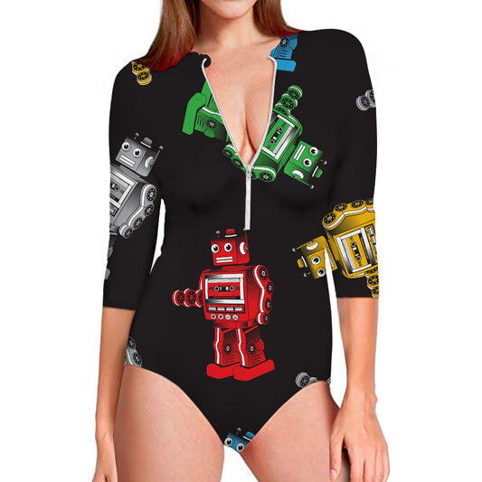 Vintage Robot Pattern Print Long Sleeve Swimsuit