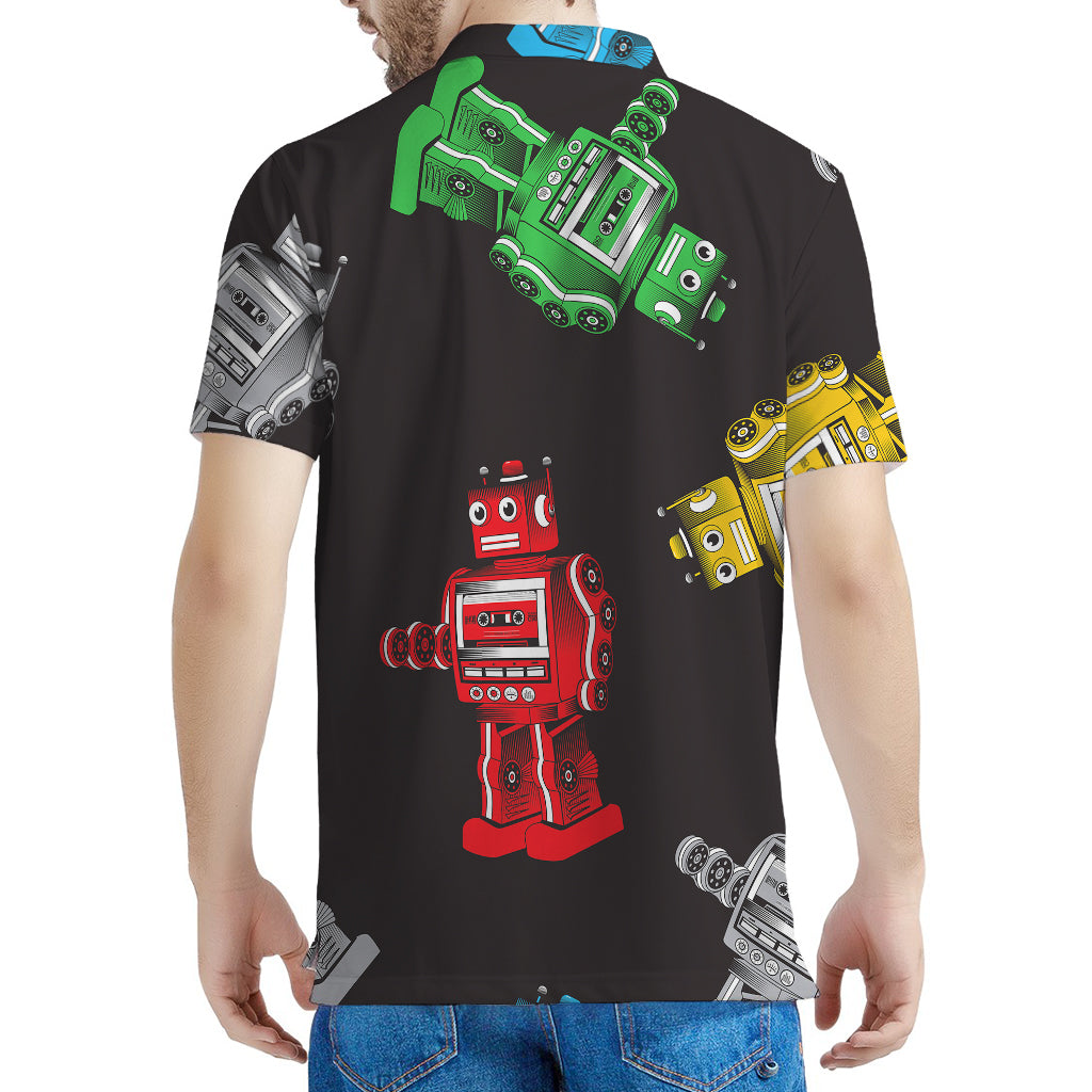 Vintage Robot Pattern Print Men's Polo Shirt