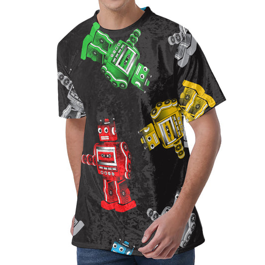 Vintage Robot Pattern Print Men's Velvet T-Shirt