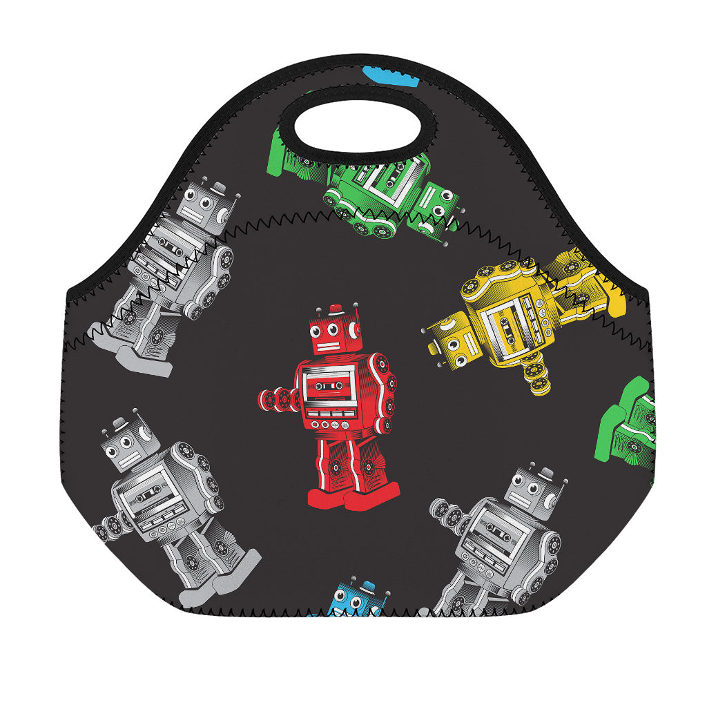 Vintage Robot Pattern Print Neoprene Lunch Bag