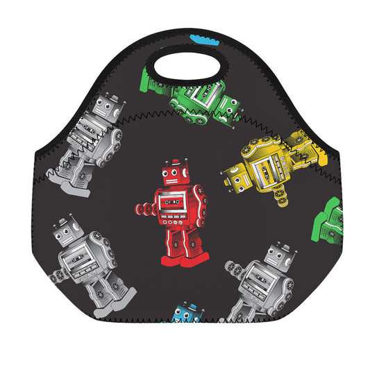 Vintage Robot Pattern Print Neoprene Lunch Bag