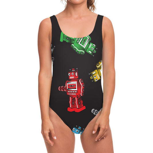 Vintage Robot Pattern Print One Piece Swimsuit