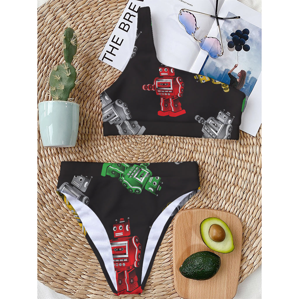 Vintage Robot Pattern Print One Shoulder Bikini Top