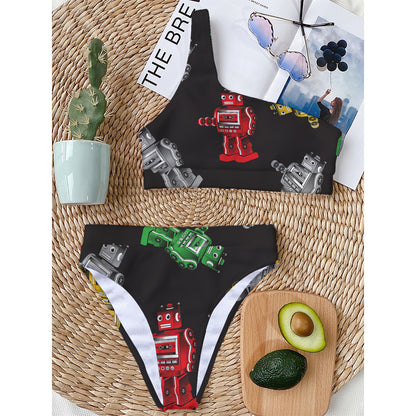 Vintage Robot Pattern Print One Shoulder Bikini Top