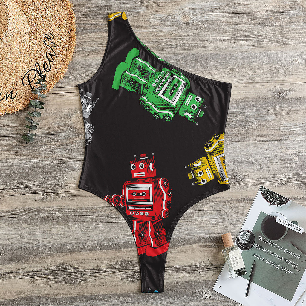 Vintage Robot Pattern Print One Shoulder Bodysuit