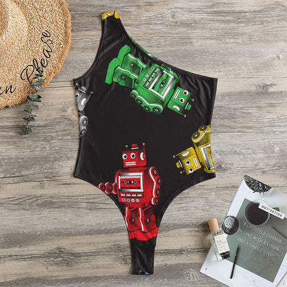 Vintage Robot Pattern Print One Shoulder Bodysuit
