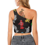 Vintage Robot Pattern Print One Shoulder Crop Top