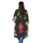 Vintage Robot Pattern Print Open Front Beach Cover Up