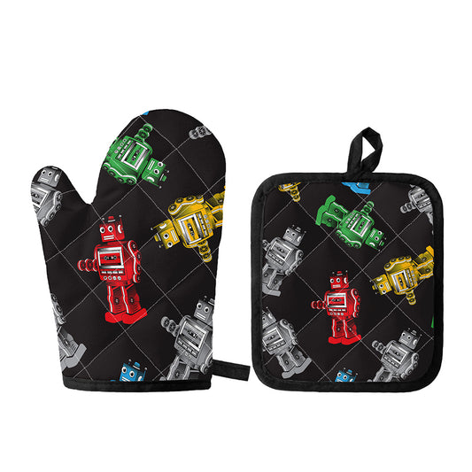 Vintage Robot Pattern Print Oven Mitt And Pot Holder Set