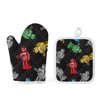 Vintage Robot Pattern Print Oven Mitt And Pot Holder Set