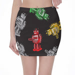 Vintage Robot Pattern Print Pencil Mini Skirt